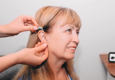 An older woman getting fitted for hearing aids