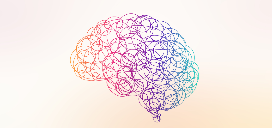An abstract illustration of a human brain formed by a single tangled, scribbled line with a rainbow color gradient on a light background